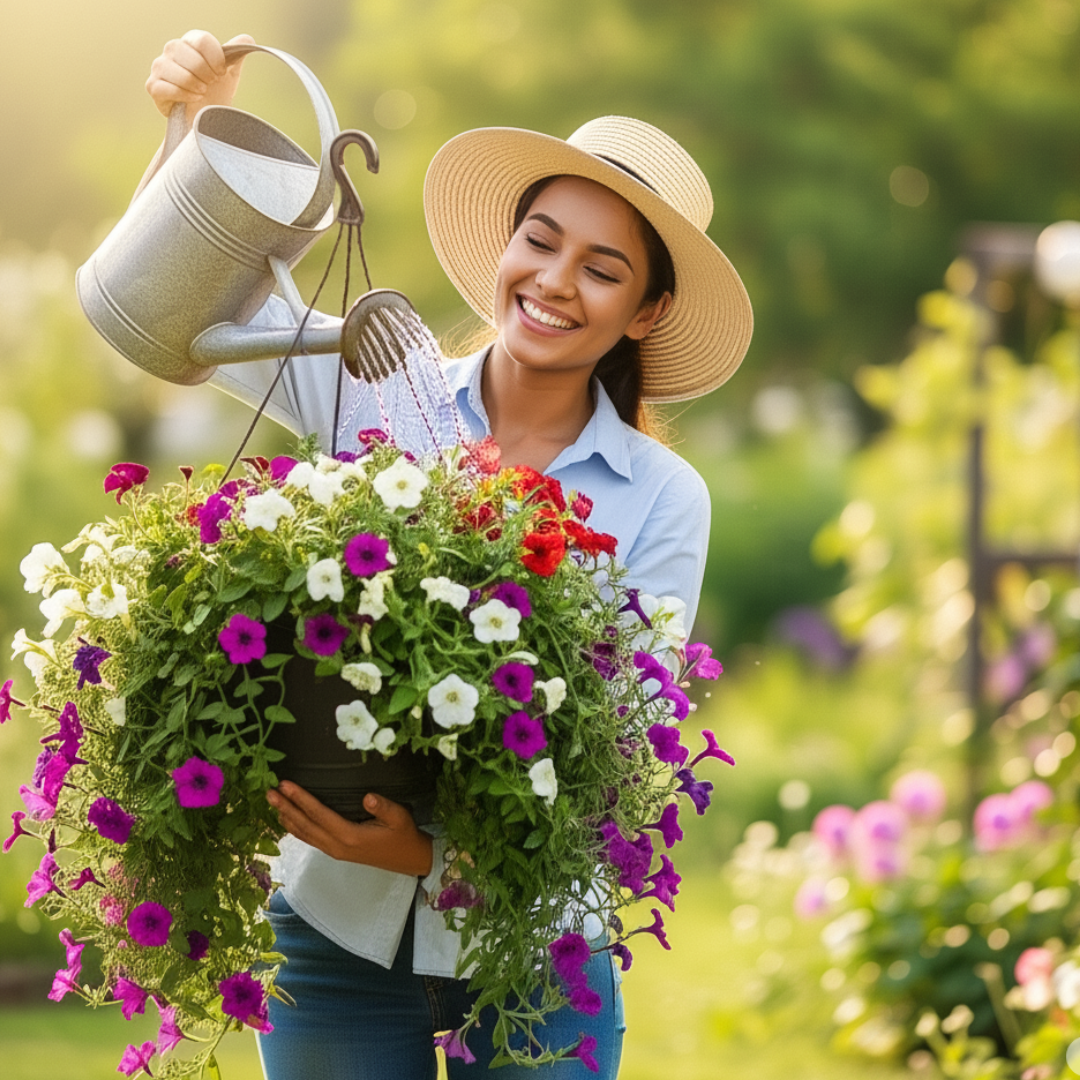 A woman holding a hanging basket of flowers while watering it.