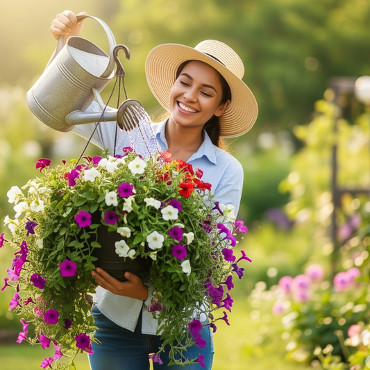 A woman holding a hanging basket of flowers while watering it.