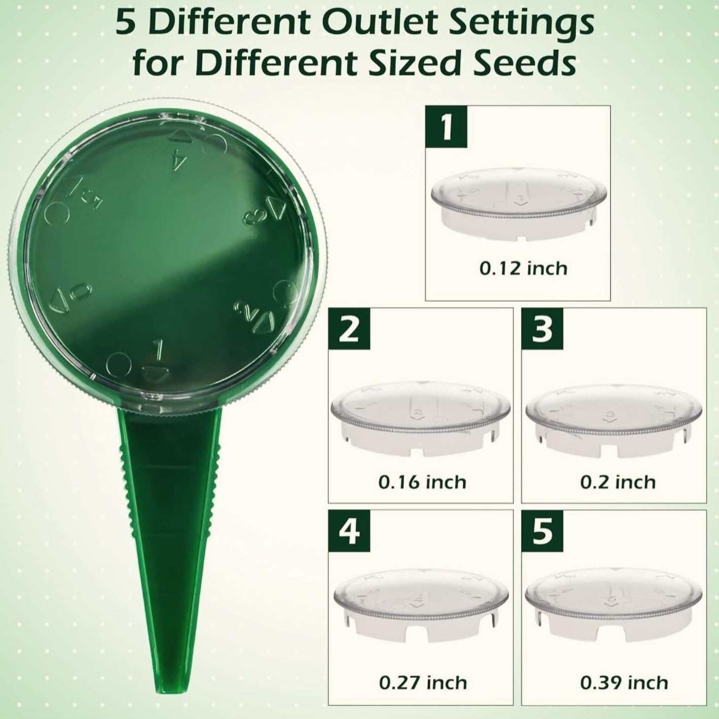 Easy Garden Seeder with five different outlet settings for various seed sizes.
