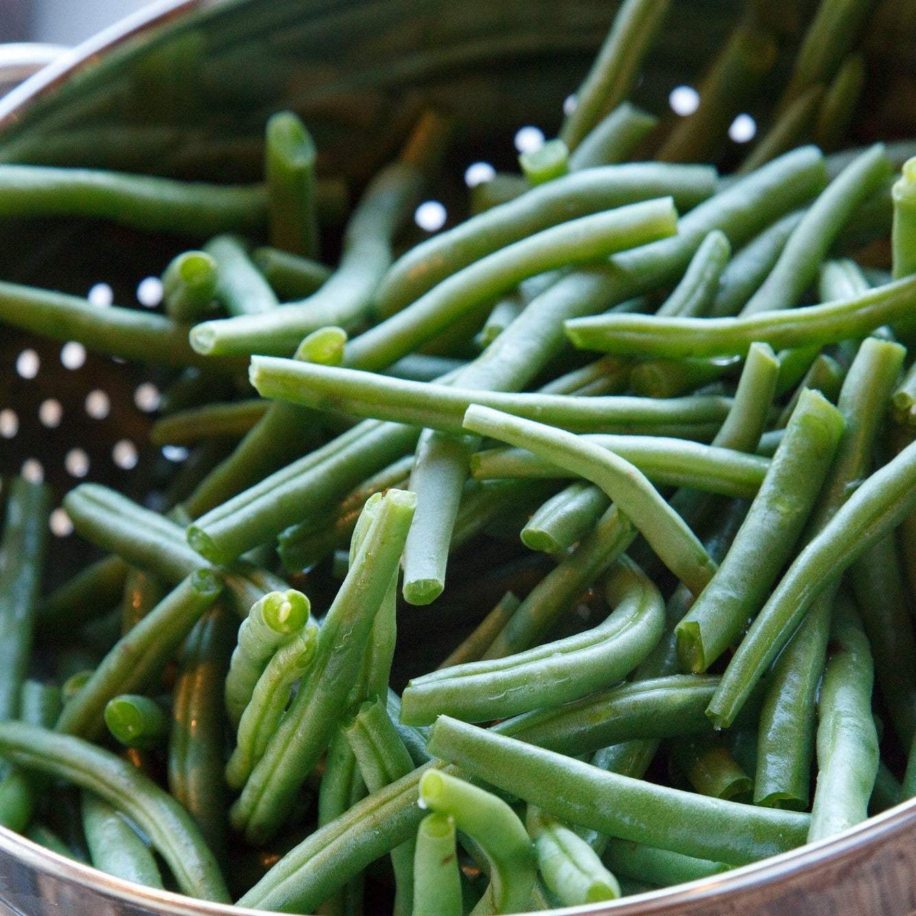 Fresh Kentucky Wonder green pole beans in a colander.