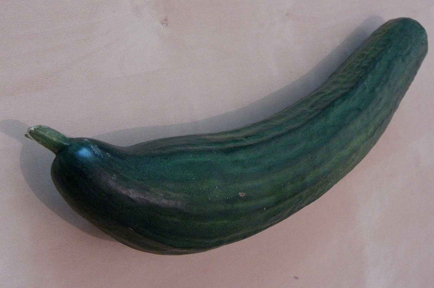 Cucumber Sweeter Yet Hybrid with dark green skin and curved shape.