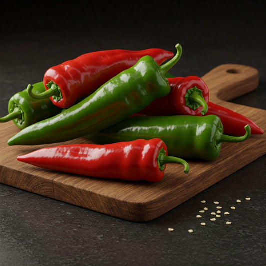 Big Jim Pepper Heirloom on wooden board; mild, giant peppers in red and green.