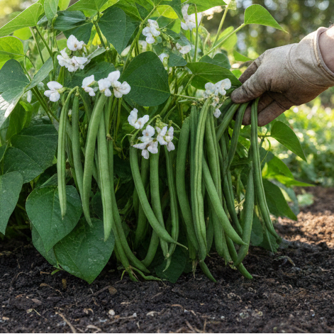 Blue Lake Bush Beans dark green 6-inch pods in garden