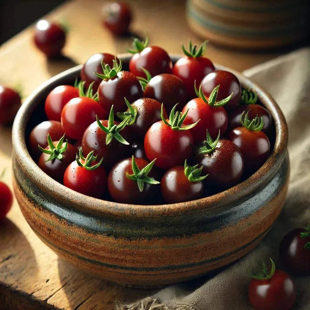 Blueberry Cherry Tomatoes in a rustic bowl displaying vibrant purple-blue and red hues.