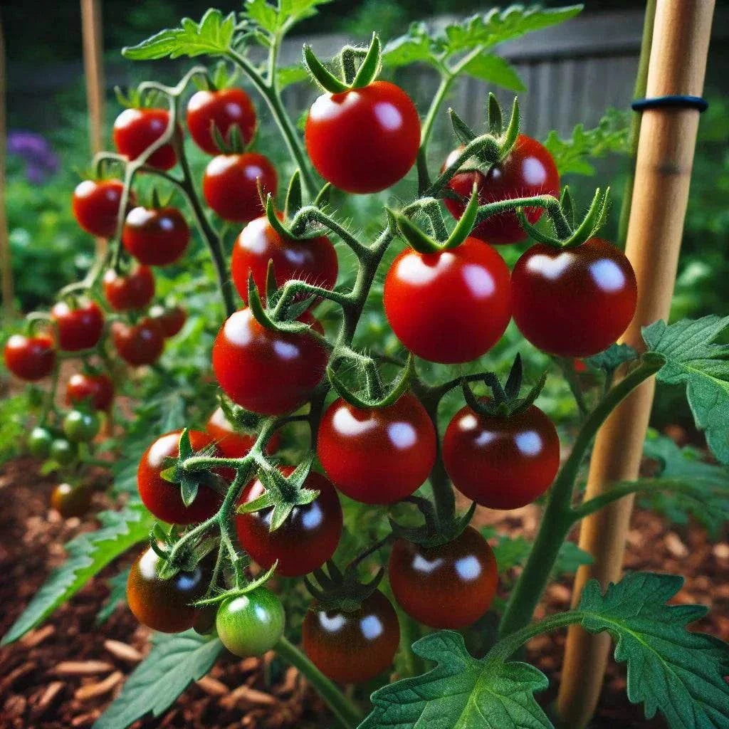 Blueberry Cherry Tomato plant with vibrant fruit on tall vines, ideal for gardens.