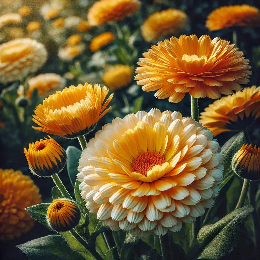 Calendula Oopsy Daisy flowers with semi-double blooms in warm yellow and orange shades.