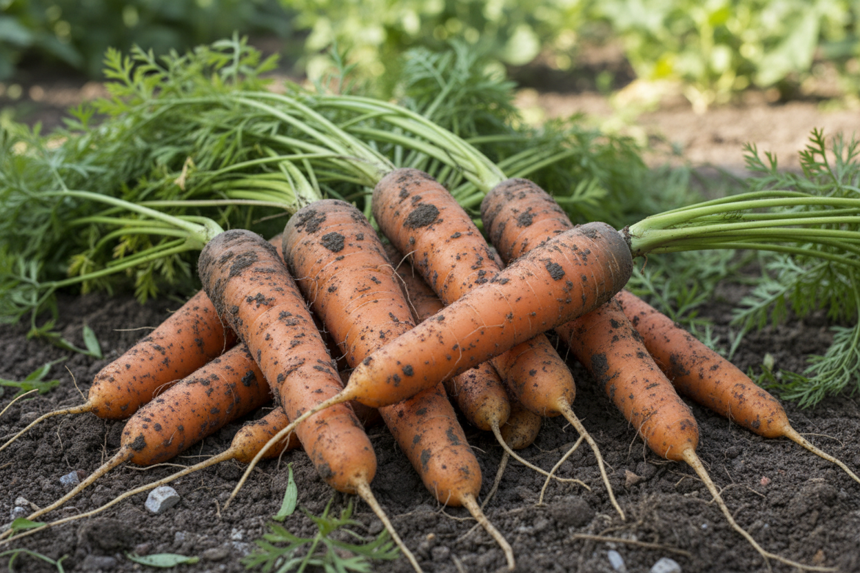 Carrot Romance Hybrid vibrant orange uniform cylindrical roots with green tops
