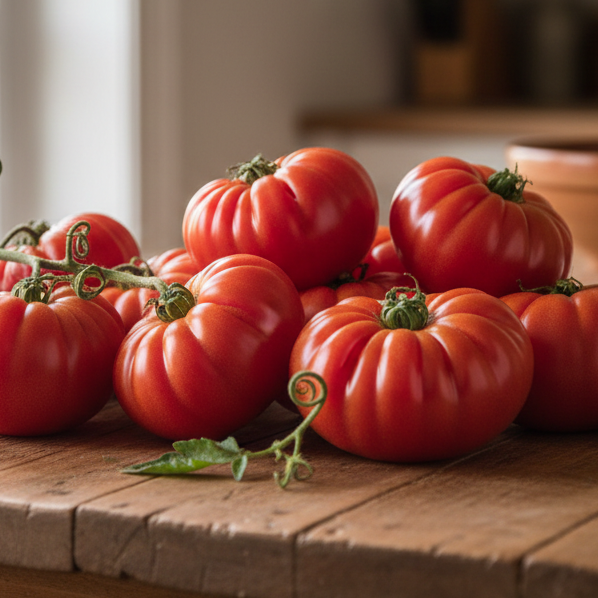 several Costoluto Genovese Tomatoes on a kitchen table MatchesSeeds.ca