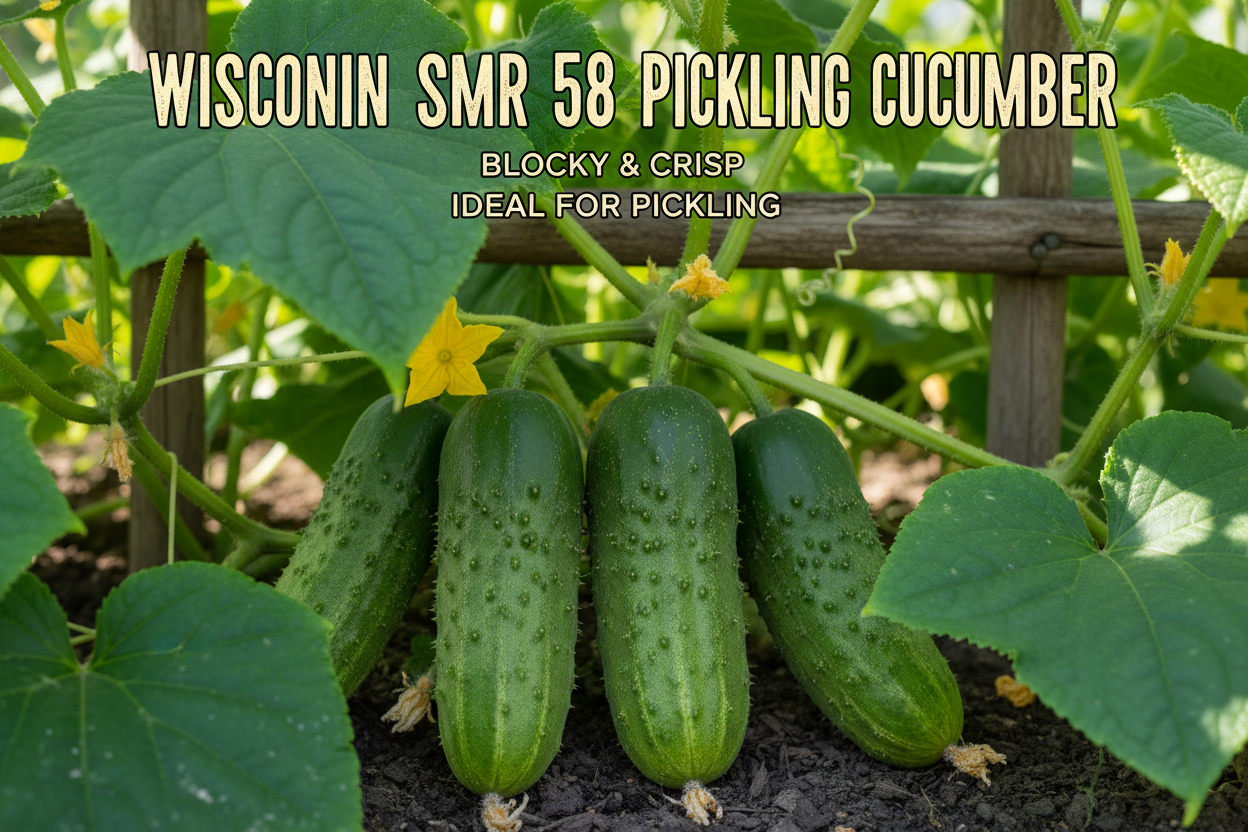 Green pickling cucumbers growing on a vine with leaves and flowers, labeled 'Wisconsin SMR 58 Pickling Cucumber'. Cucumber Pickling Wisconsin SMR 58 The Prolific Pickler Matches Seeds