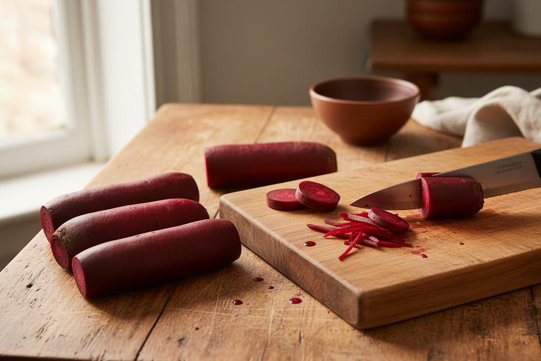 Long deep-red Cylindra beets with cylindrical shape from non-treated heirloom seeds