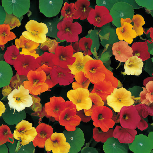 Nasturtium Dwarf Jewel Mix with vibrant jewel-toned flowers in fiery oranges, deep reds, sunny yellows, and rich purples, perfect for borders and containers.