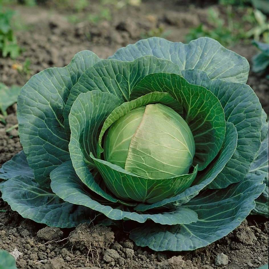 Green cabbage growing in a garden
