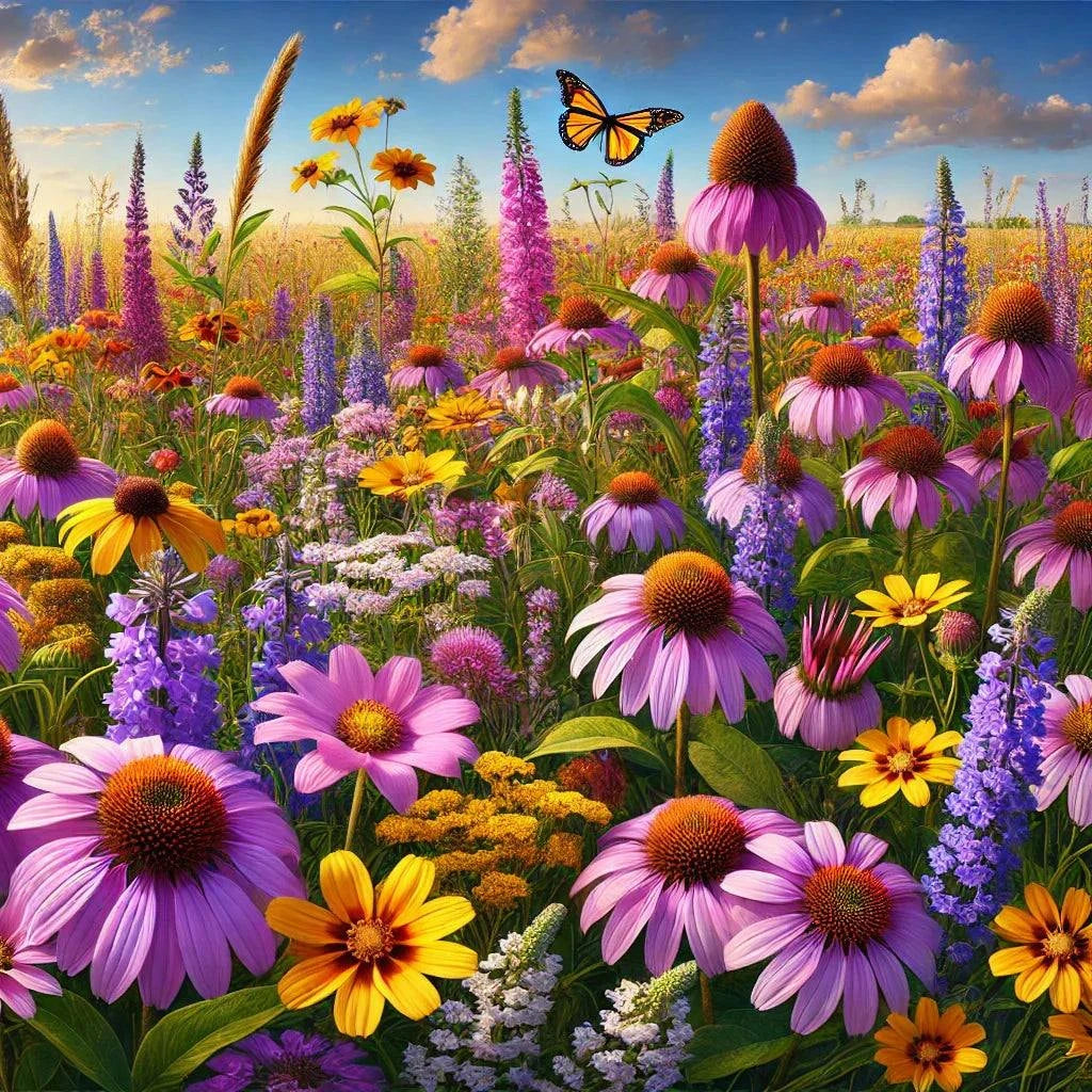 Great-Lakes wildflower seed mixture with vibrant blooms and butterfly, ideal for attracting pollinators.