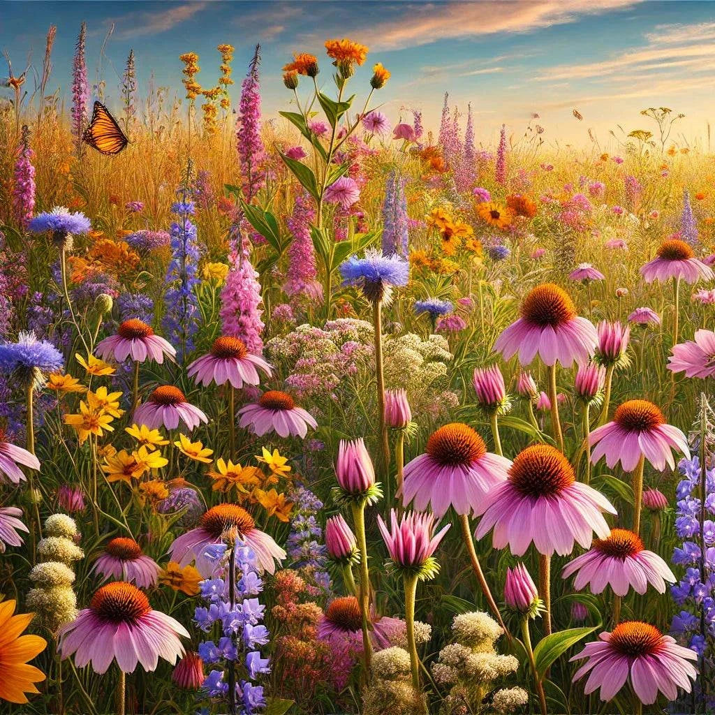 Great-Lakes Wildflower Seed Mixture in a vibrant meadow scene with pollinators.
