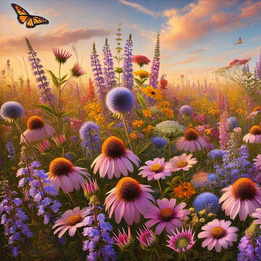 Great-Lakes Wildflower Seed Mixture blooming in a vibrant meadow with butterflies in the Great Lakes region.