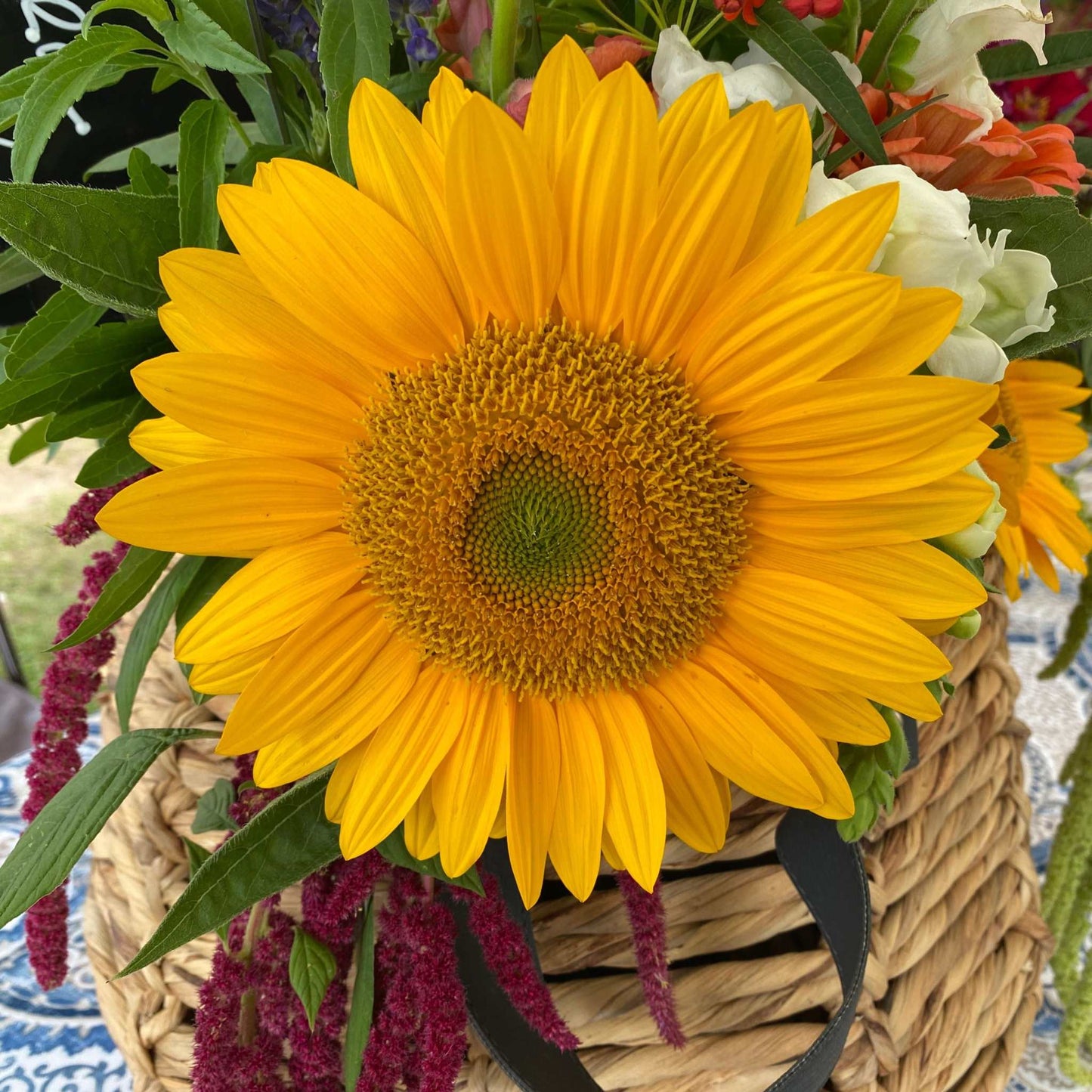 Sunrich Gold sunflower with vibrant yellow petals in a floral arrangement.
