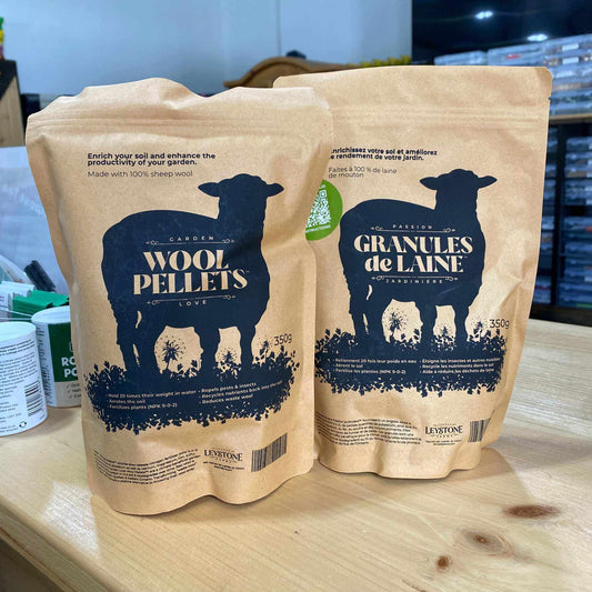 Wool Pellets by Leystone Farms packaging on display, made from 100% natural sheep wool, ideal for sustainable gardening.