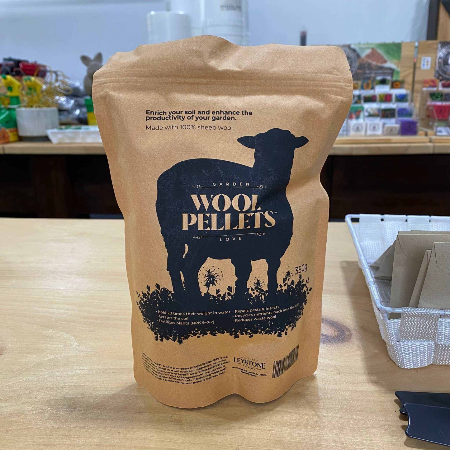 Eco-friendly Wool Pellets by Leystone Farms, 100% natural Canadian garden fertilizer, improves soil and reduces watering.