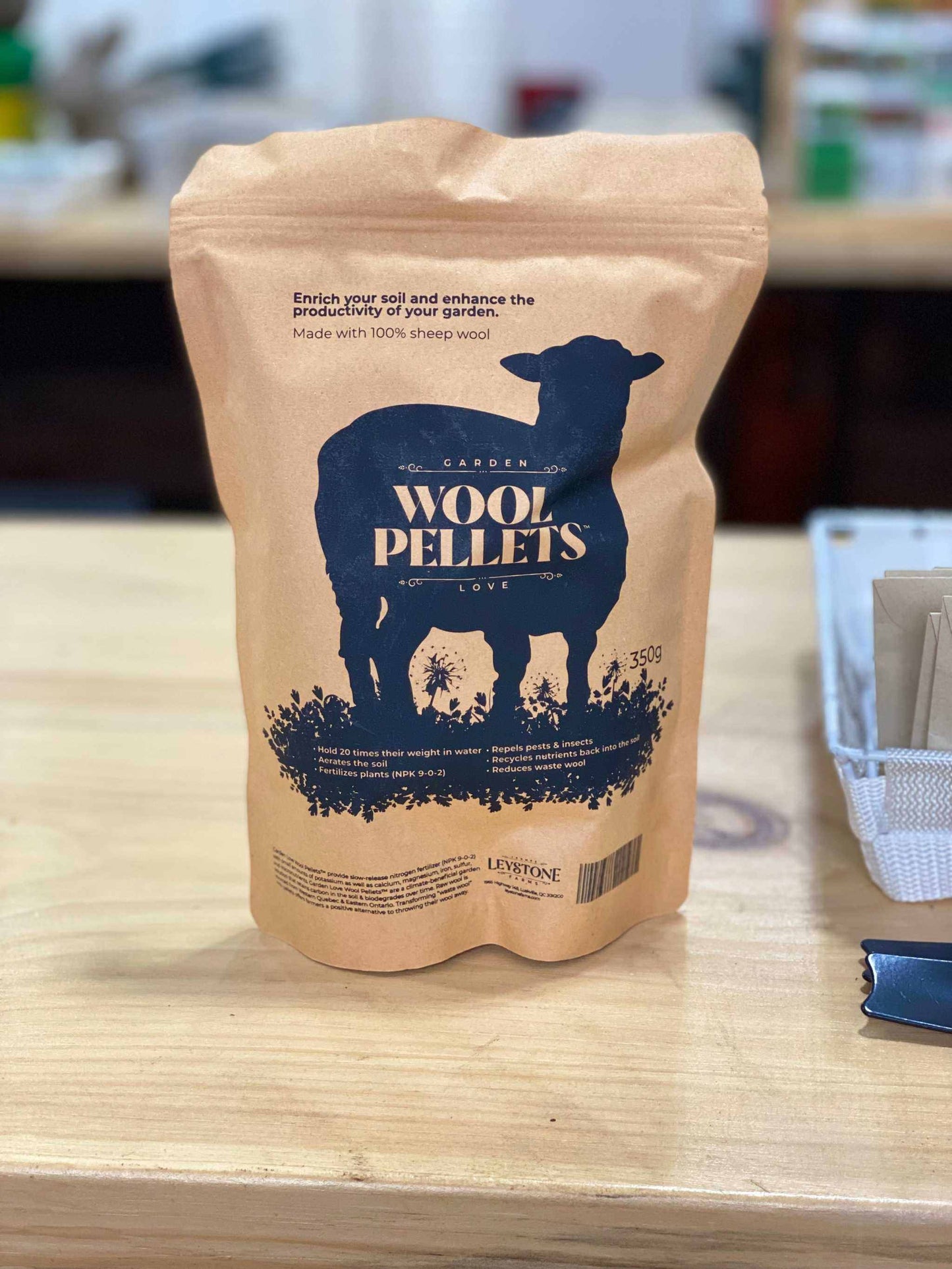 Wool Pellets by Leystone Farms in eco-friendly packaging, natural plant fertilizer.