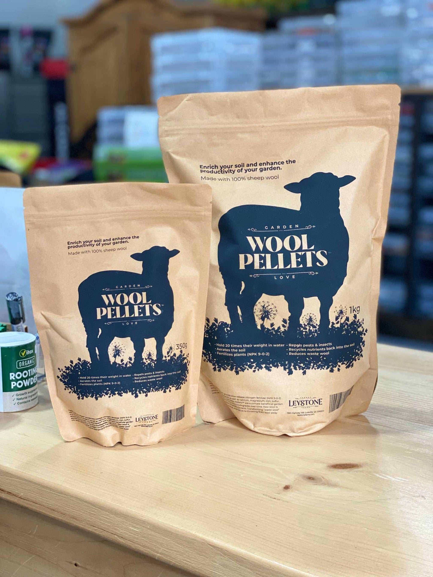 Wool Pellets by Leystone Farms in eco-friendly packaging on display.