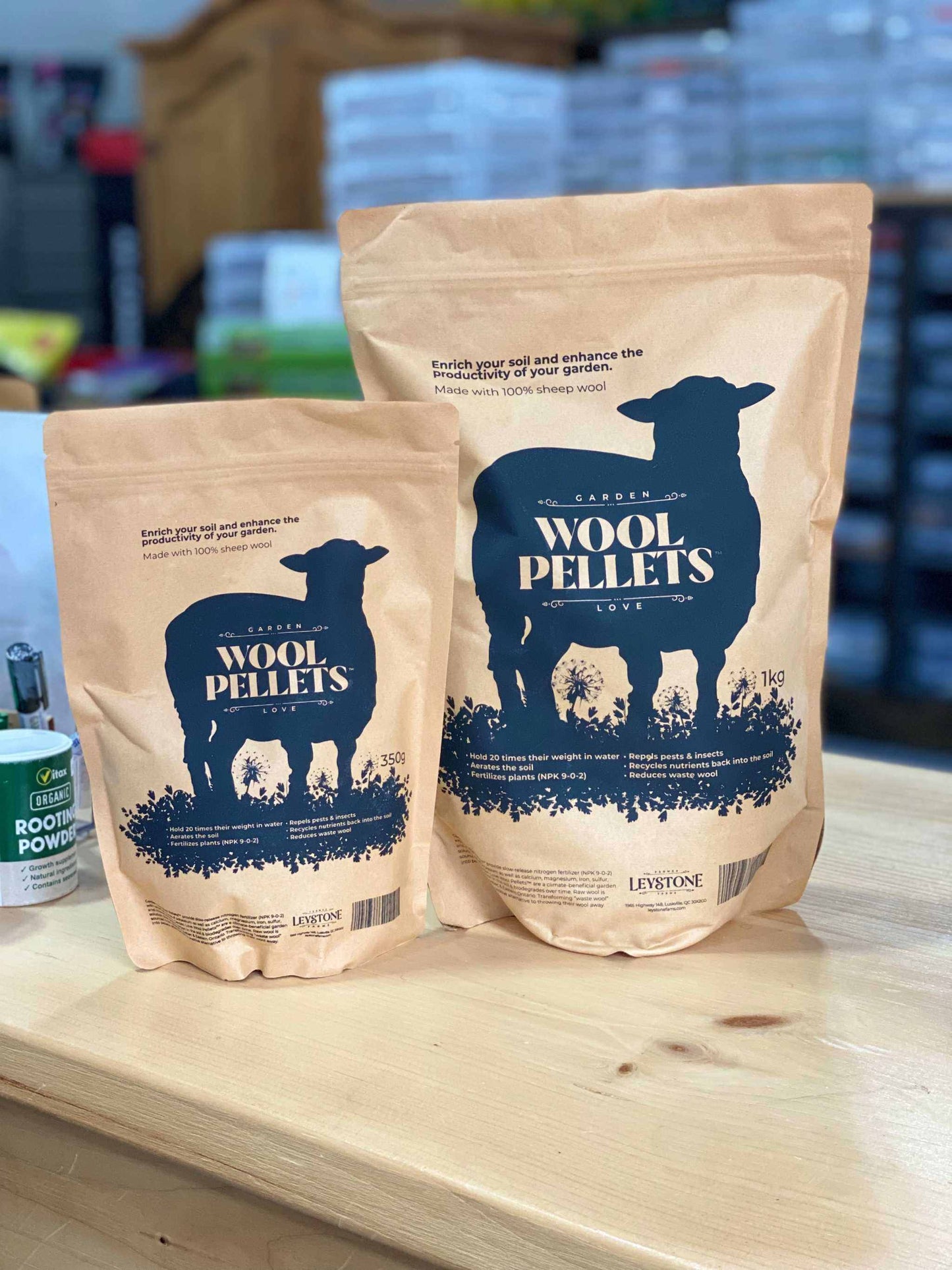 Wool Pellets by Leystone Farms in eco-friendly packaging on display.