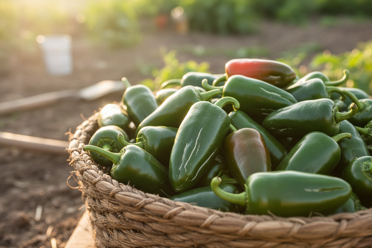 Basket of Jalapeno peppers in a garden setting