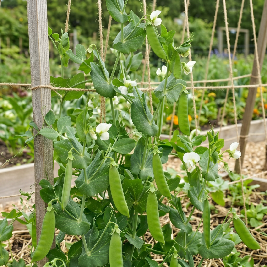 Mammoth Melting Sugar Snow Peas climbing on trellis with large flat pods and white flowers in garden