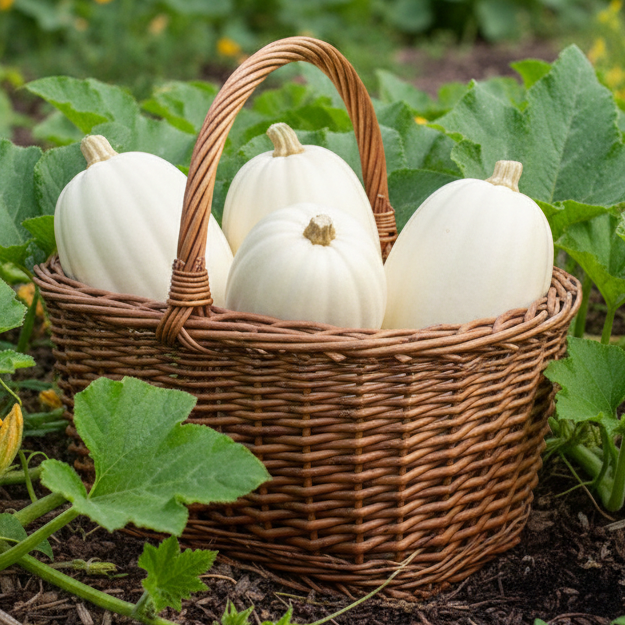 Basket of white squash in a garden setting Mashed Potatoes Squash Matches Seeds