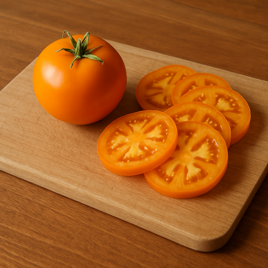 Moonglow Heirloom Tomato, bright orange, sliced on cutting board, showcasing mildly sweet flavor and firm texture.