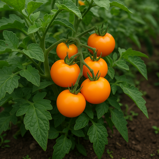 Moonglow Heirloom Tomato on vine with bright orange fruits and green leaves.