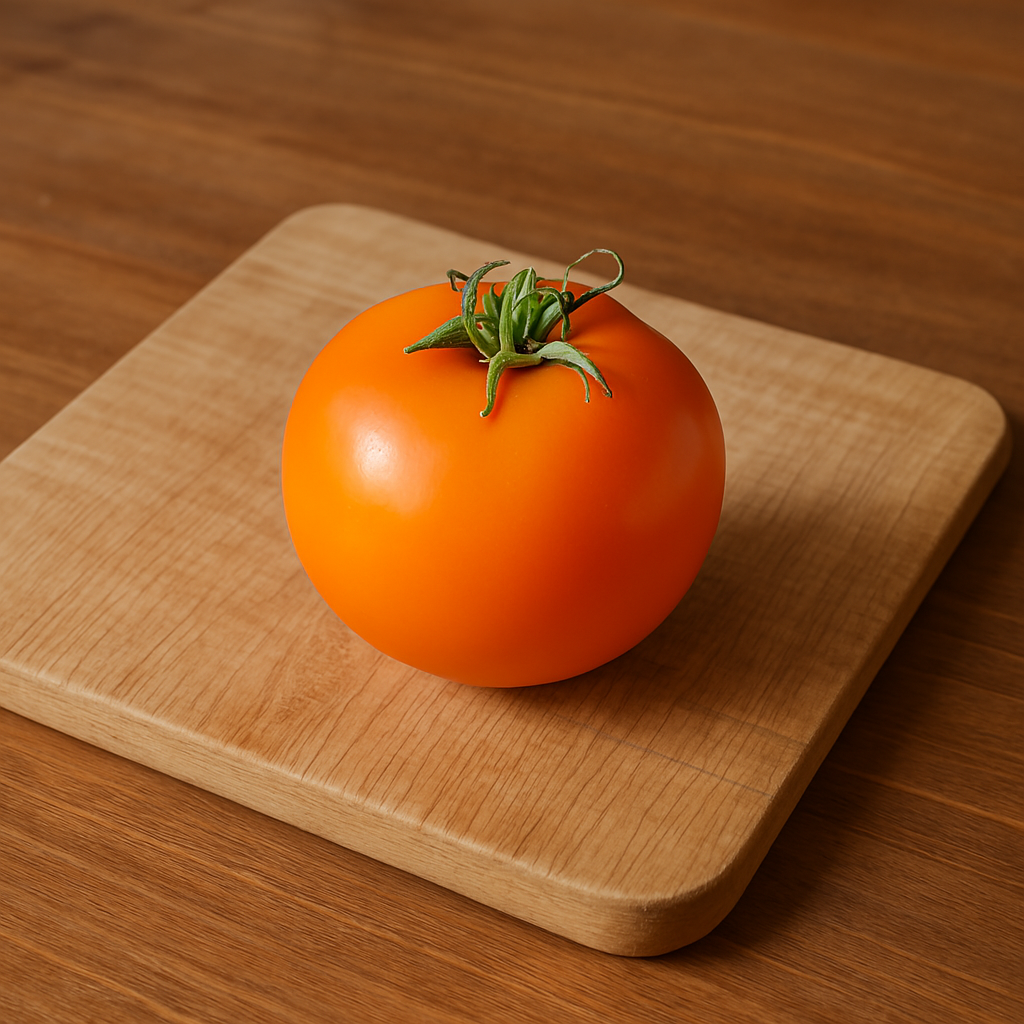 Moonglow Heirloom Tomato on wooden board, bright orange color, ideal for salads.
