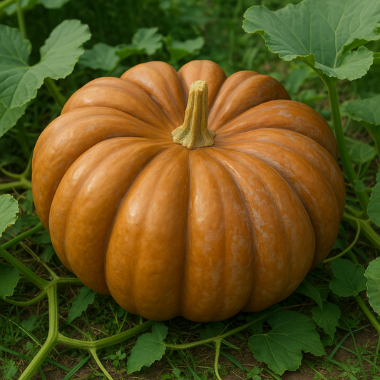 Unique Musquée de Provence pumpkin with ridged, bronze skin in a garden setting.