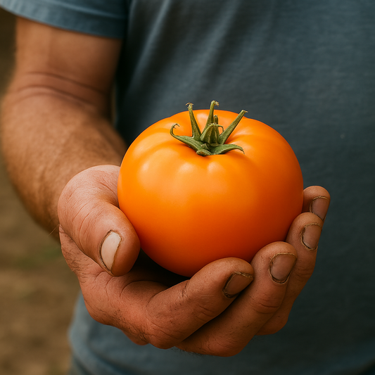 Orange You Glad Heirloom Tomato in gardener's hands, vibrant yellow-orange, medium to large fruit, ideal for slicing and fresh eating.