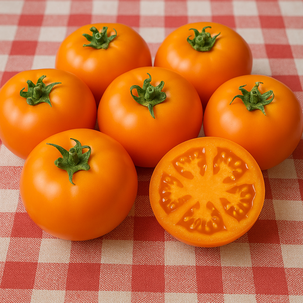Orange You Glad heirloom tomatoes on a checkered surface, showcasing bright yellow-orange color and juicy texture.