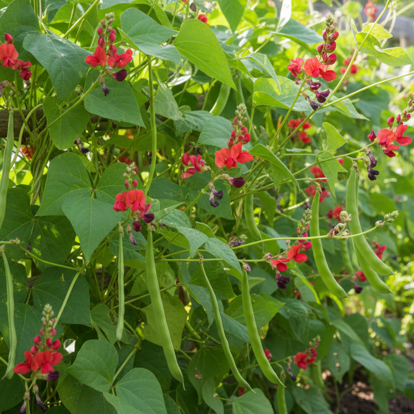Red flowering green bean plants with green leaves in a garden setting Scarlet Runner Beans MatchesSeeds