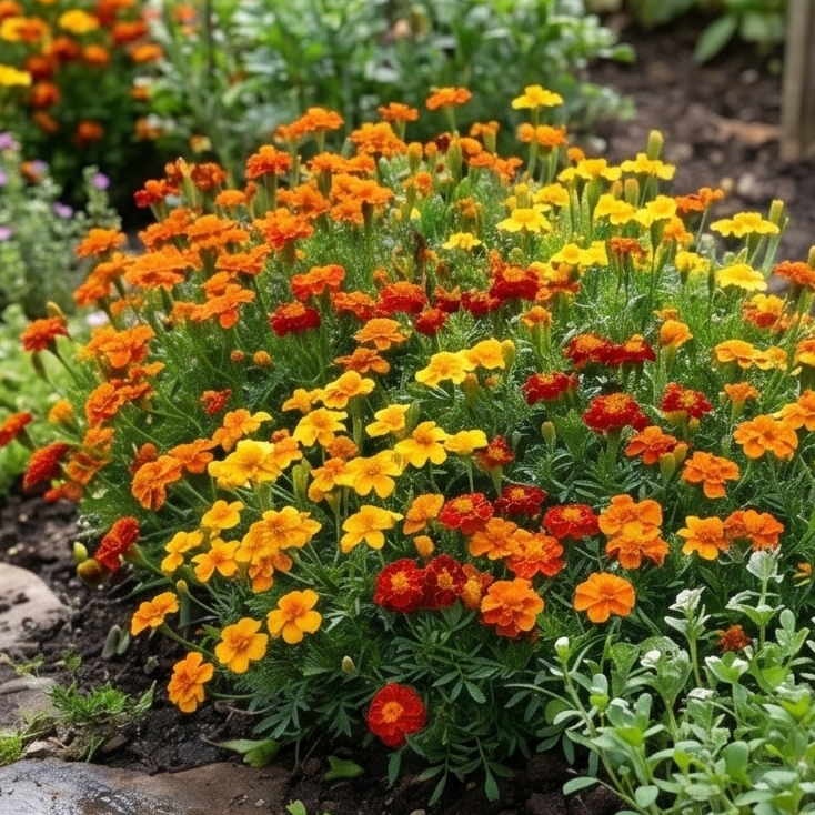 Vibrant starfire mix marigold flowers in deep red, burnt orange, and bright gold with fine-textured, aromatic foliage in a garden setting