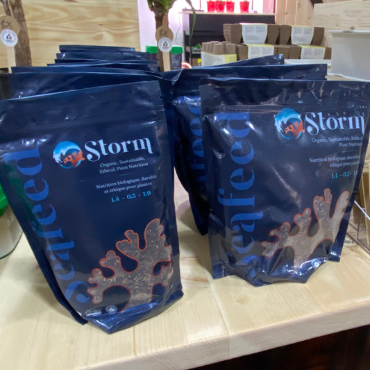 Storm Kelp Meal Organic Fertilizer packets displayed on a wooden shelf.