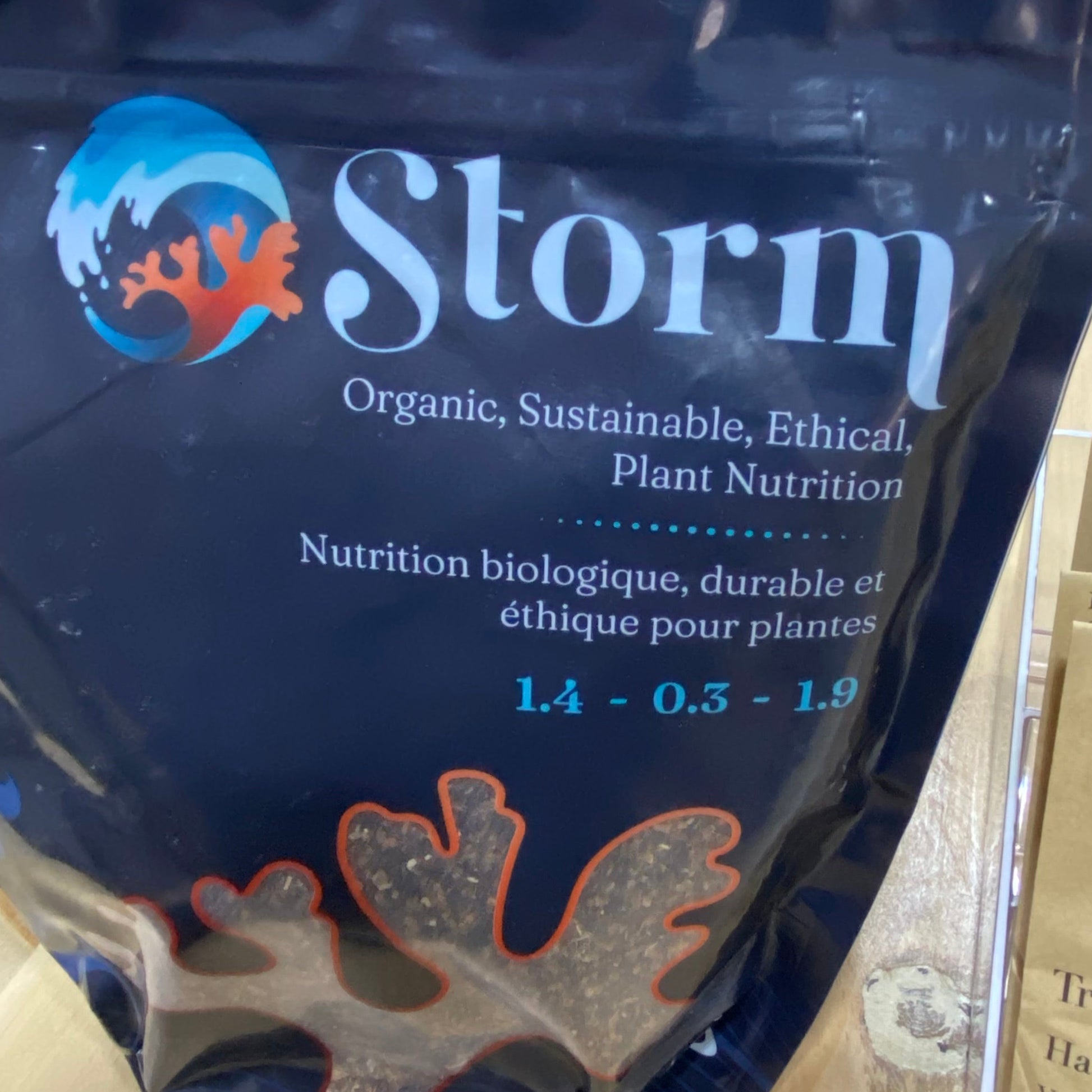 Storm Kelp Meal Organic Fertilizer package, Canadian seaweed biostimulant for enhanced plant growth.