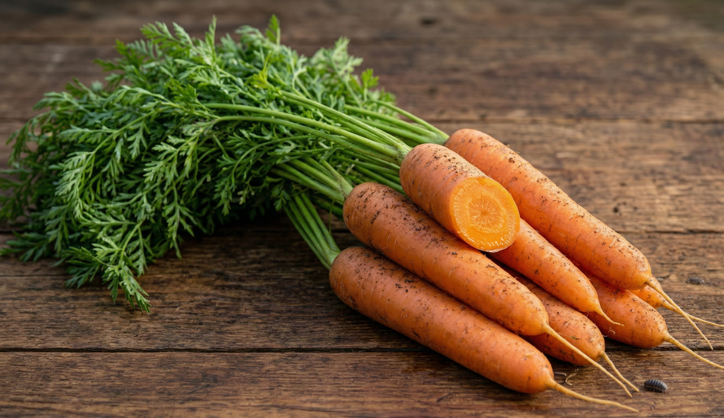 Bunch of carrots with green tops on a wooden surface Touchon Carrot Heirloom