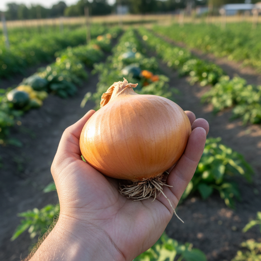 one Walla Walla Onion in a hand in a garden