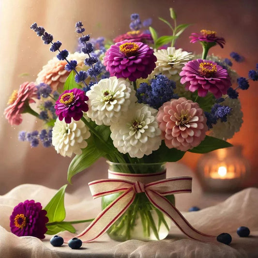 Zinnia Blueberry Cheesecake Mix bouquet with lavender, magenta, and white blooms in a jar.