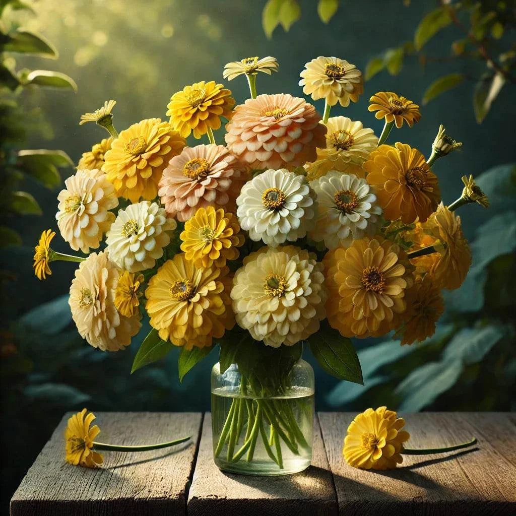 Zinnia Dessert Lemon Meringue Mix flowers in a vase, featuring buttery yellows, soft creams, and bright whites.