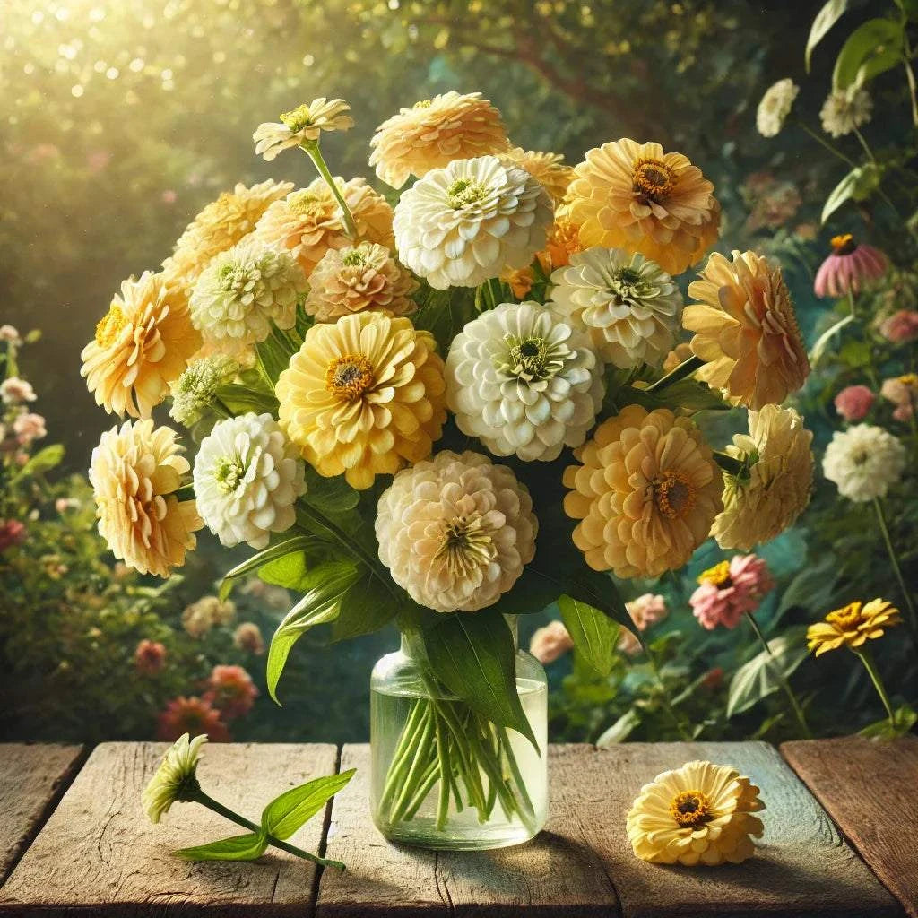Zinnia Dessert Lemon Meringue Mix flowers in a glass vase on a wooden table, bright yellow and cream blooms in a sunny garden.