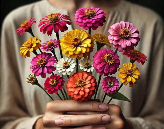 Zinnia Pompom flowers in vibrant colors being held in hands.