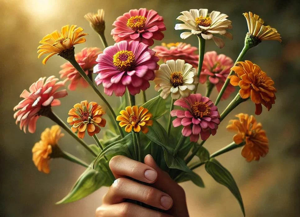 Colorful Zinnia Pompom flowers in a bouquet, showcasing vibrant shades and globe-shaped blooms.