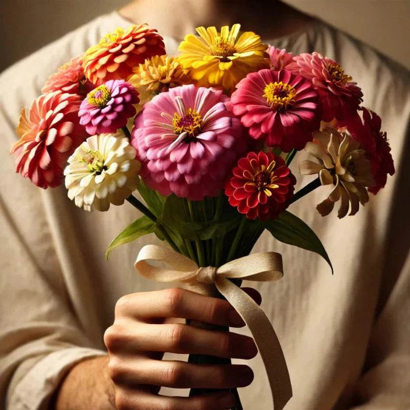 Colorful Zinnia Pompom bouquet with globe-shaped blooms in vibrant shades, ideal for gardens and pollinators.
