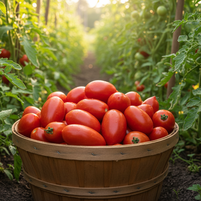 A bushel full of Amish Paste Heirloom Tomatoes in a garden row