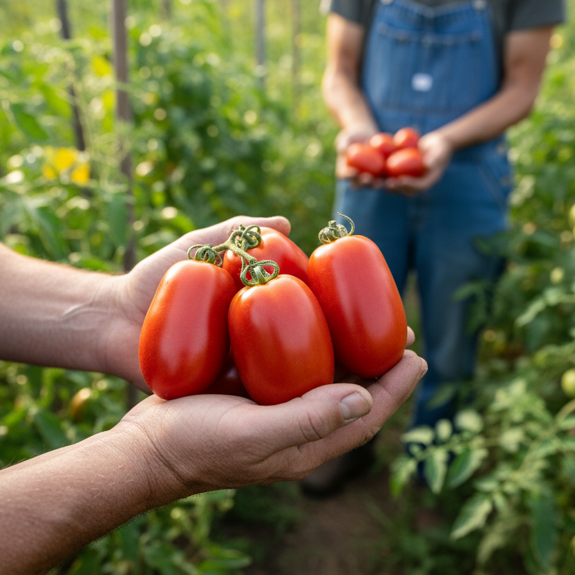A set of hands holding a few Amish Paste Heirloom Tomatoes out in the garden where they were just picked, the background can he the person in overalls with their hands in front of them.