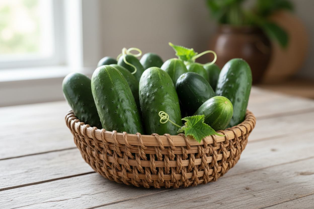 Cool Breeze Hybrid cucumber plant with dark green cucumbers ideal for pickling in Wisconsin gardens