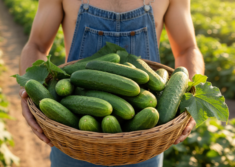 Man holding a basket of cucumbers in a field cucumber straight8 Matches Seeds